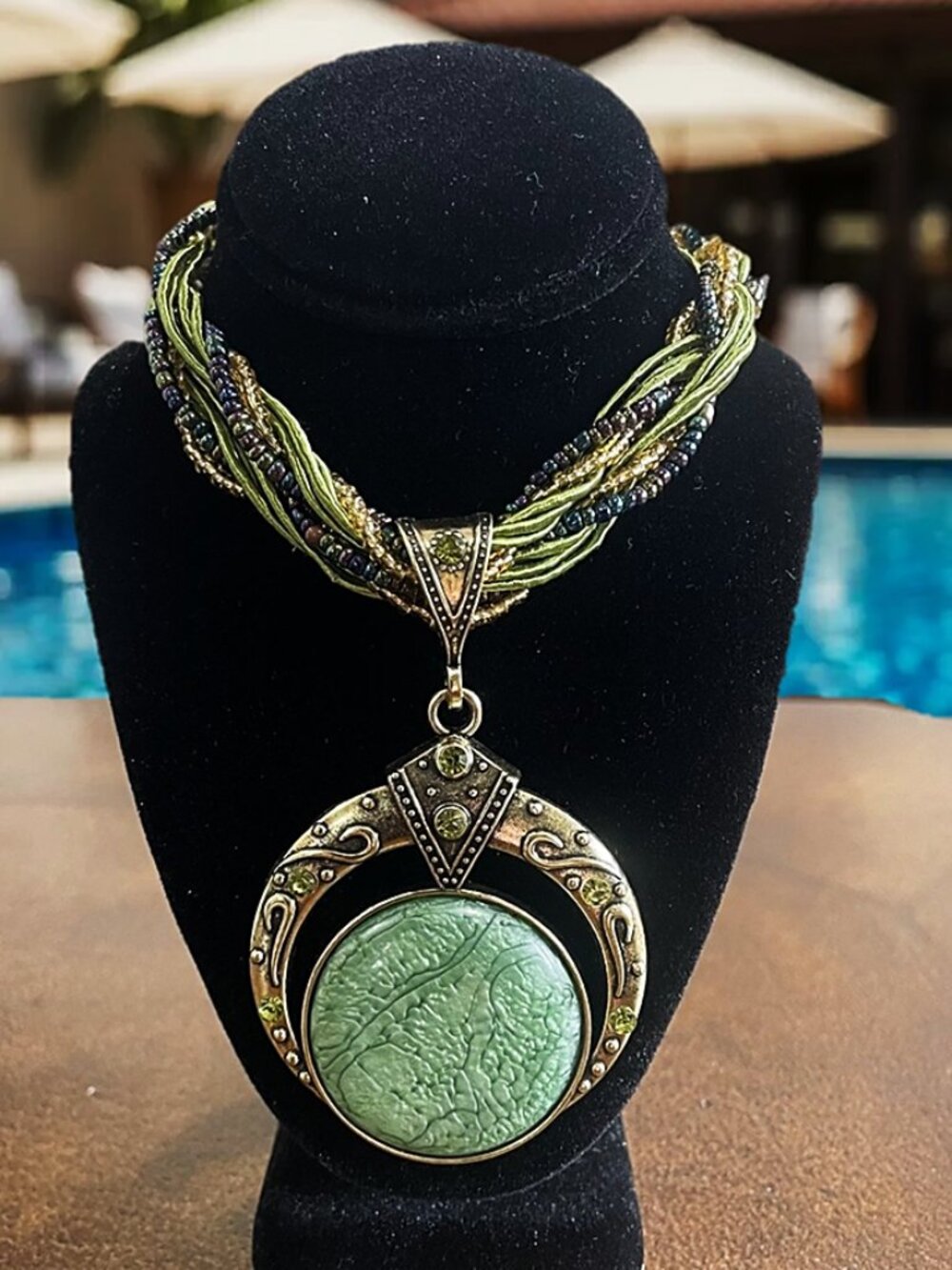NWT -Boho Light Gree Crescent Statement Necklace | Beautiful Multi-Strand Braide
